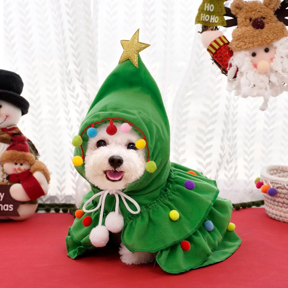 Weihnachtsbaum-Kostüm für Haustiere – Festlicher Umhang mit Stern & Pompons für Hunde & Katzen