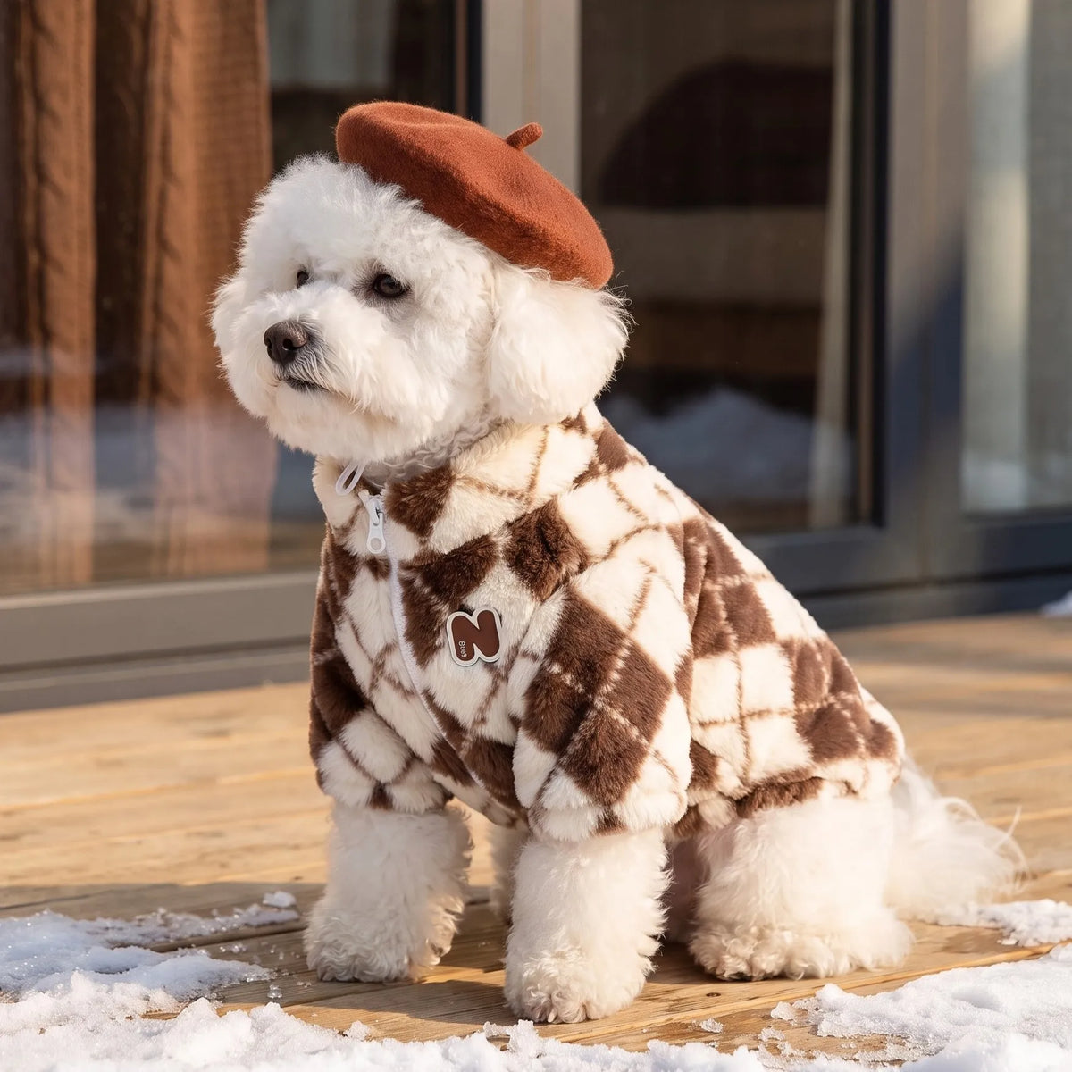Retro-Rauten Plüsch-Hundemantel – Warme Zweibein-Strickjacke mit Rückenreißverschluss
