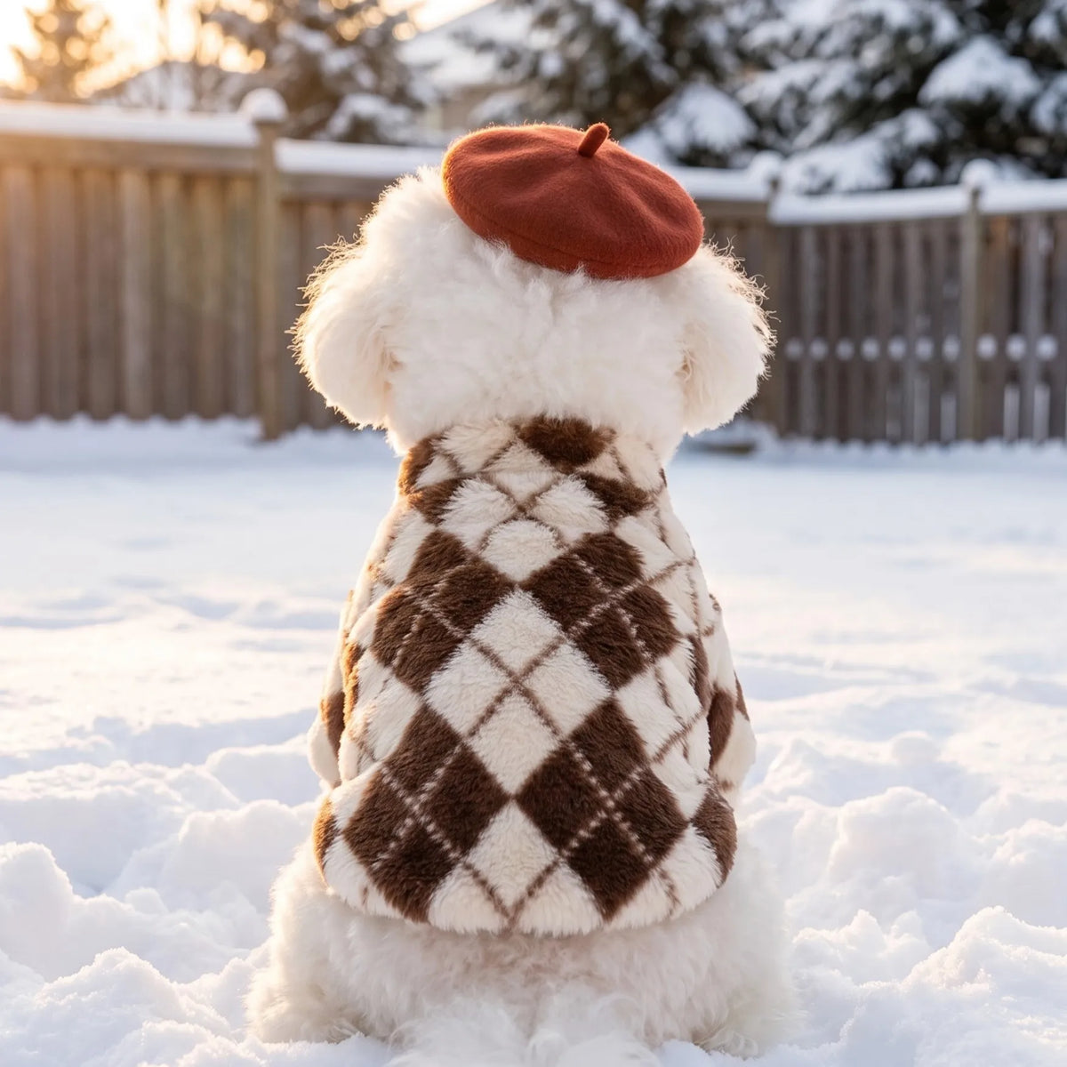 Retro-Rauten Plüsch-Hundemantel – Warme Zweibein-Strickjacke mit Rückenreißverschluss
