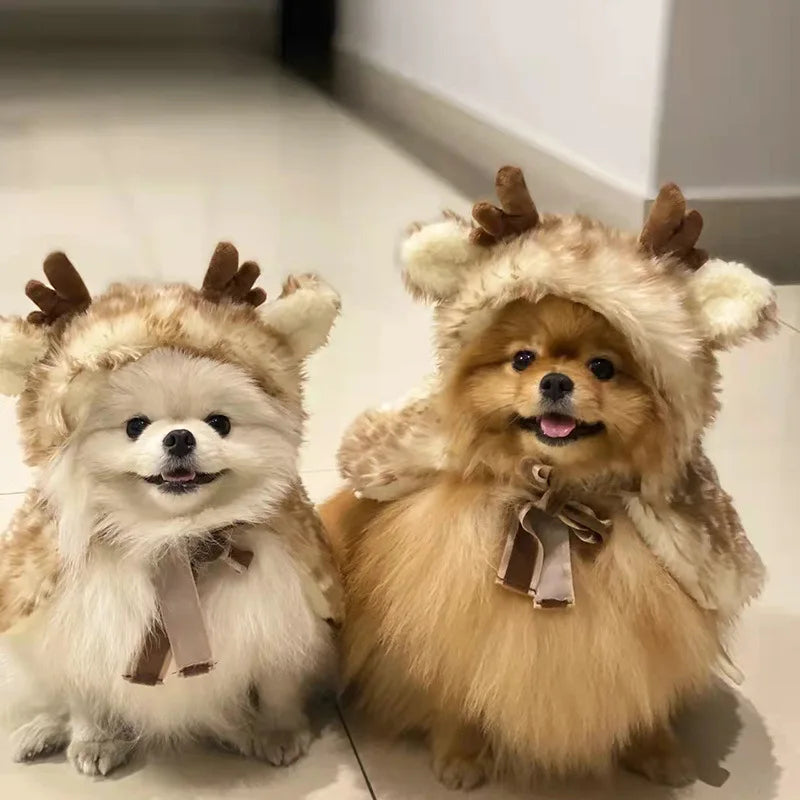 Weihnachts-Elch-Umhang für Haustiere – Warmes Winter-Cape mit Mütze für Hunde & Katzen