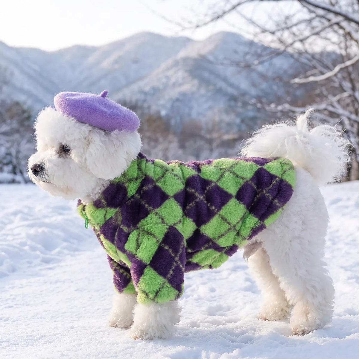 Retro-Rauten Plüsch-Hundemantel – Warme Zweibein-Strickjacke mit Rückenreißverschluss