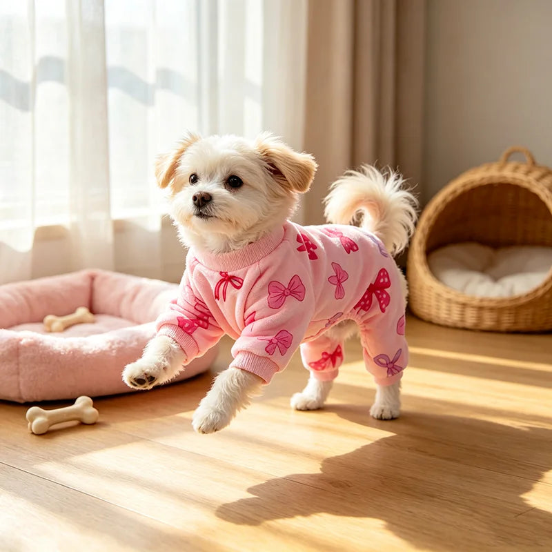 Schleifen-Fleece-Pyjama für Kleine Hunde – Kuscheliges Valentinstag-Outfit für Hündinnen