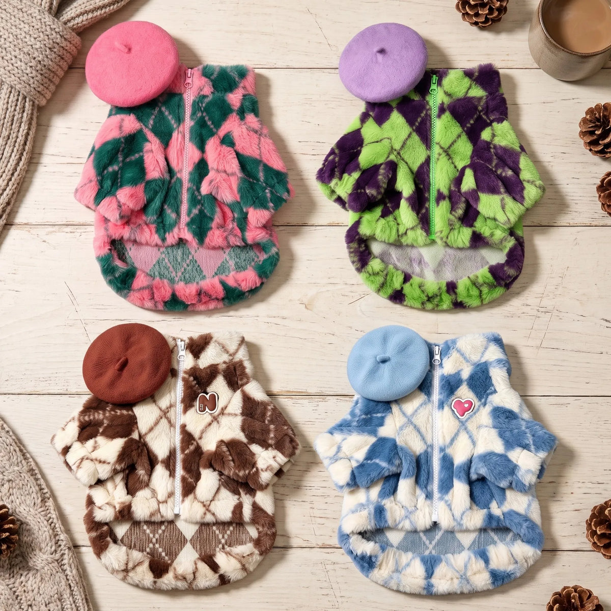 Retro-Rauten Plüsch-Hundemantel – Warme Zweibein-Strickjacke mit Rückenreißverschluss