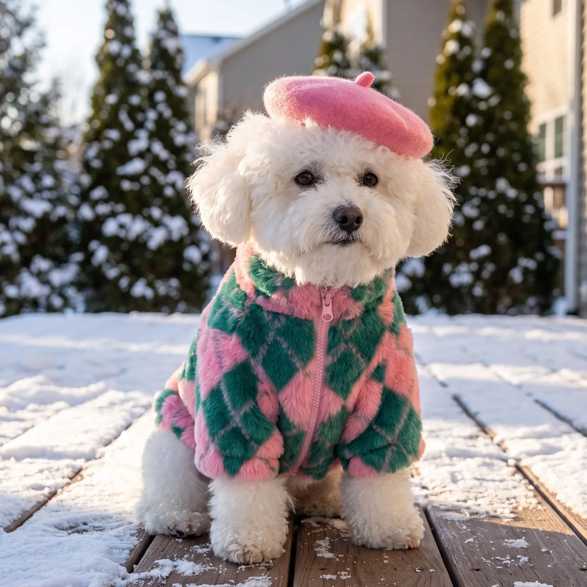 Retro-Rauten Plüsch-Hundemantel – Warme Zweibein-Strickjacke mit Rückenreißverschluss