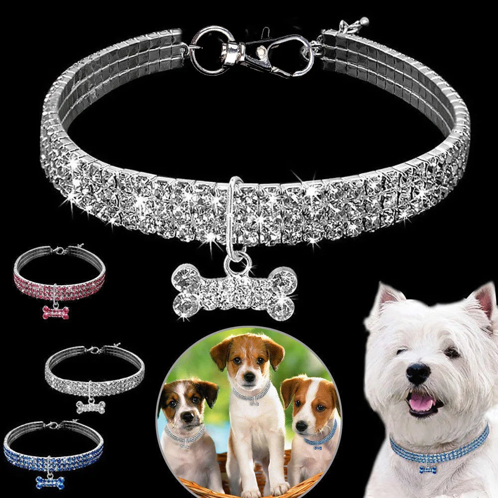 Dreireihiges Strass-Haustierhalsband – Elastisches Schmuckhalsband mit Knochenanhänger für Katzen, Hunde, Welpen & Kätzchen