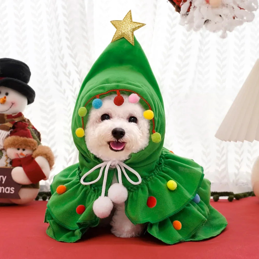 Weihnachtsbaum-Kostüm für Haustiere – Festlicher Umhang mit Stern & Pompons für Hunde & Katzen