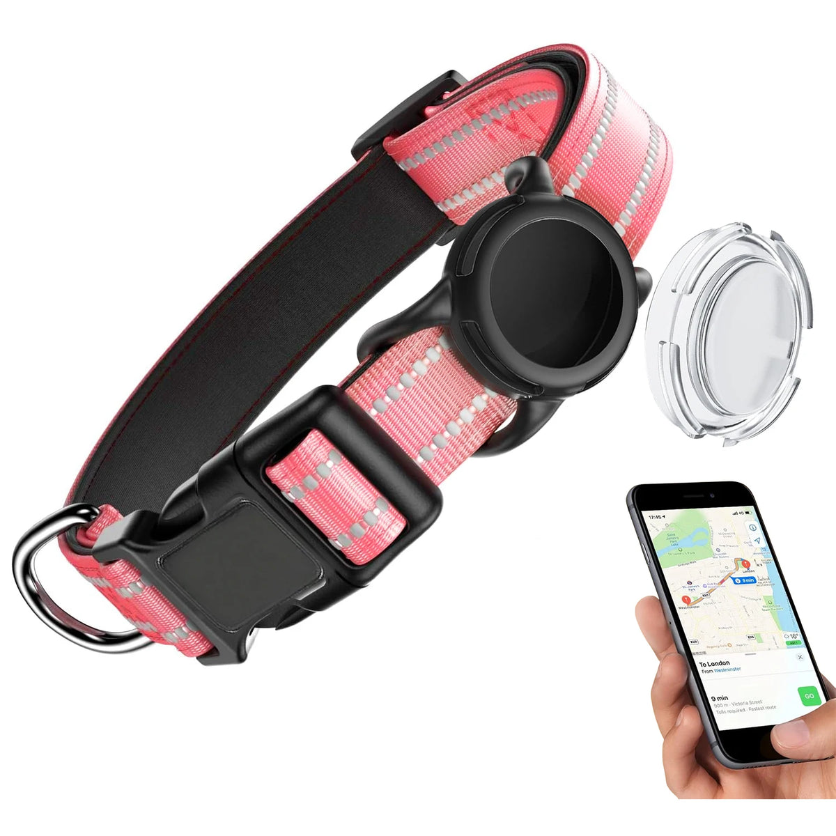Wasserfestes Hundehalsband mit AirTag-Halterung – Reflektierendes Gepolstertes Verstellbares Halsband mit Sicherheitsverschluss