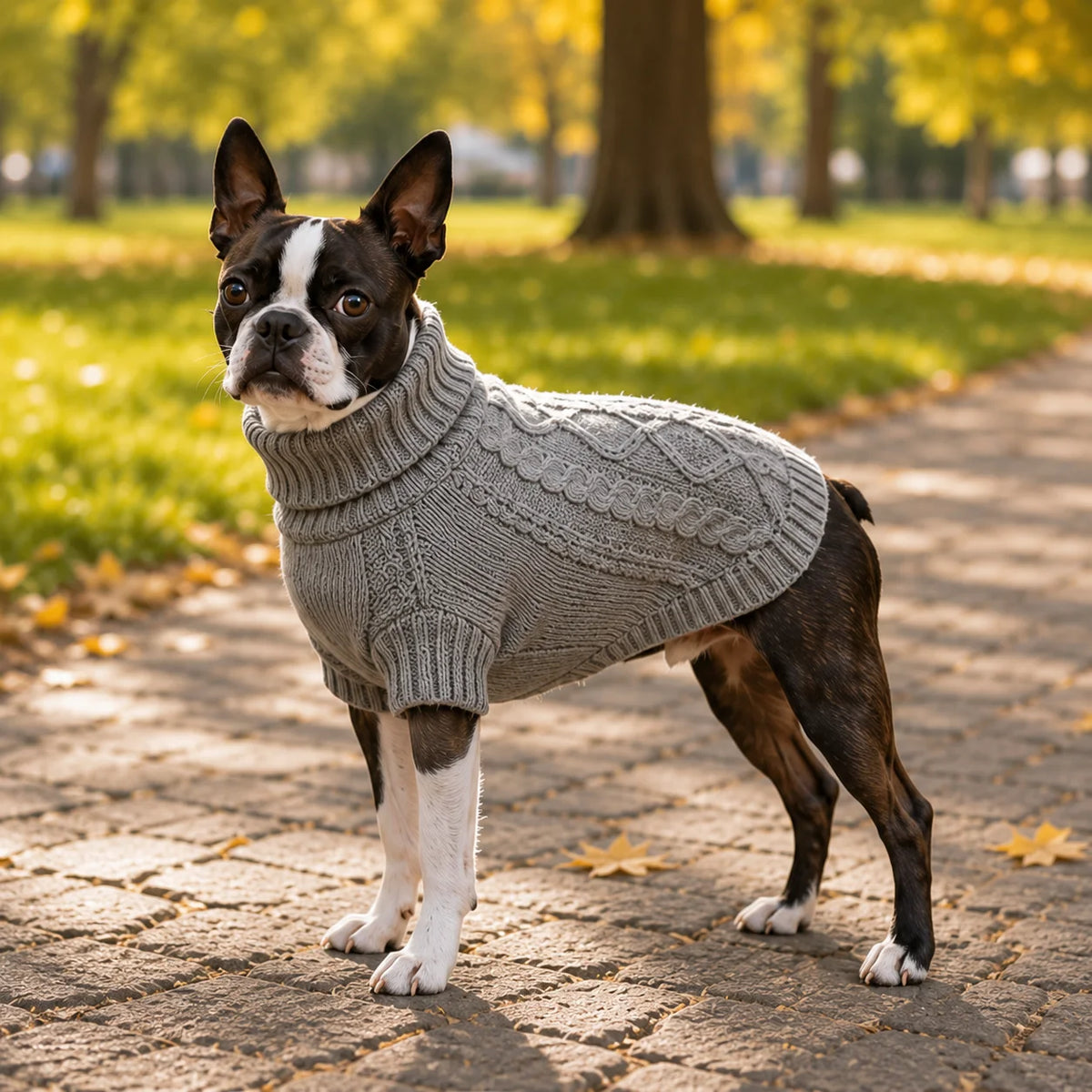 Grauer Zopfmuster-Hundepullover – Warmer Rollkragen-Winterpullover für Kleine & Mittelgroße Hunde