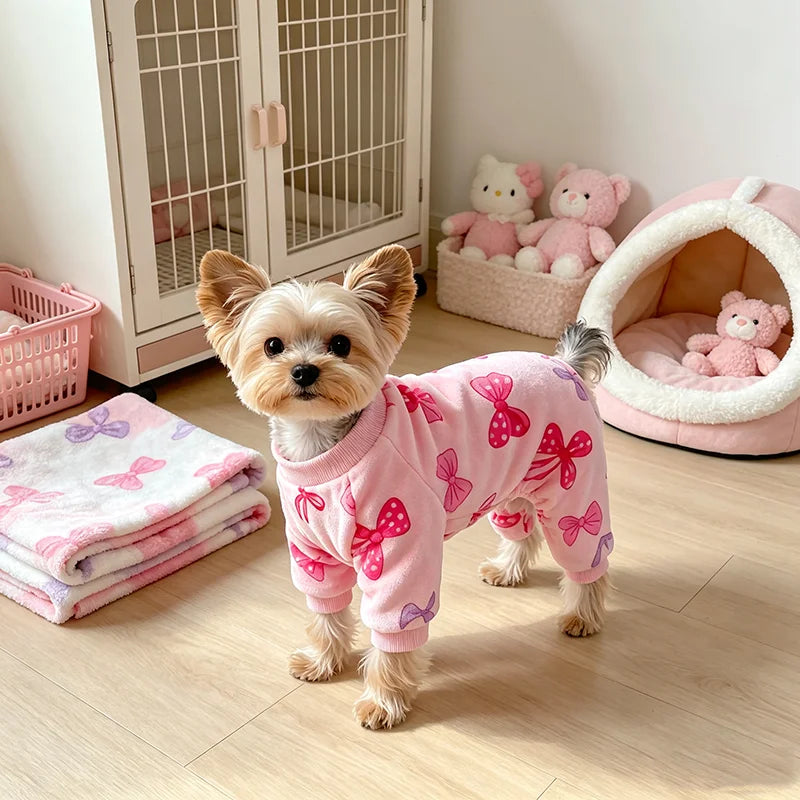 Schleifen-Fleece-Pyjama für Kleine Hunde – Kuscheliges Valentinstag-Outfit für Hündinnen