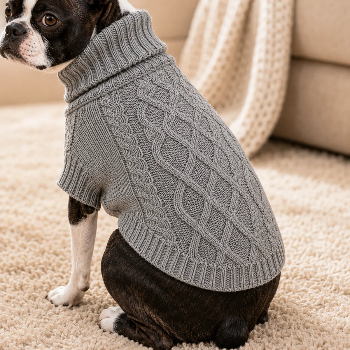 Grauer Zopfmuster-Hundepullover – Warmer Rollkragen-Winterpullover für Kleine & Mittelgroße Hunde