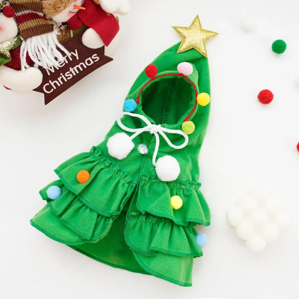 Weihnachtsbaum-Kostüm für Haustiere – Festlicher Umhang mit Stern & Pompons für Hunde & Katzen